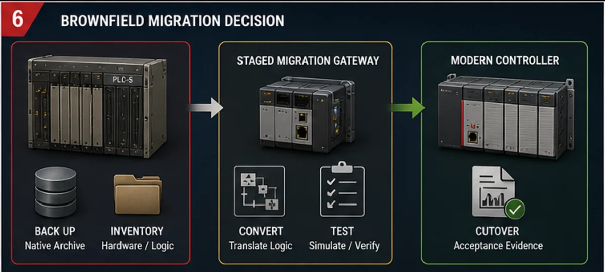 Brownfield Allen-Bradley PLC migration workflow from native backup and inventory through conversion and regression testing to controlled cutover evidence