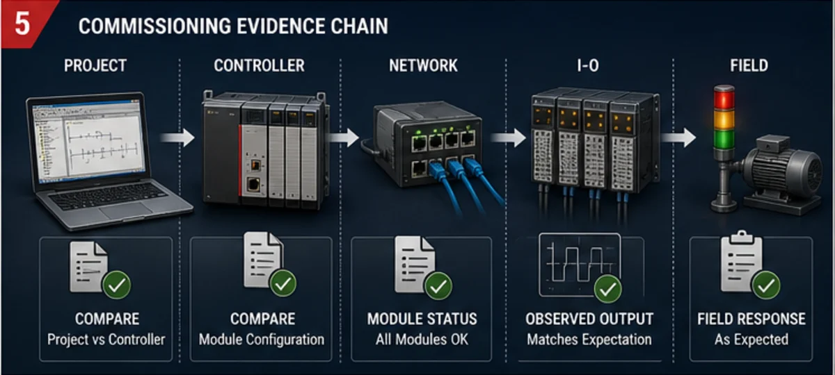 Allen-Bradley commissioning evidence chain from project compare through controller, network, I-O module, observed output and physical field response