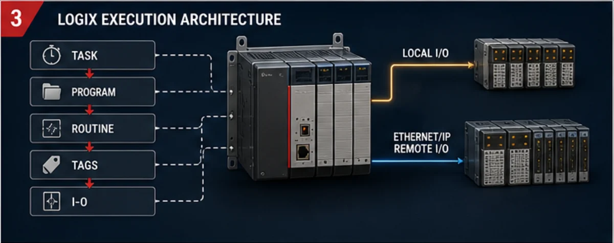 Logix execution architecture from task to program to routine and tags linked to local and EtherNet-IP remote I-O