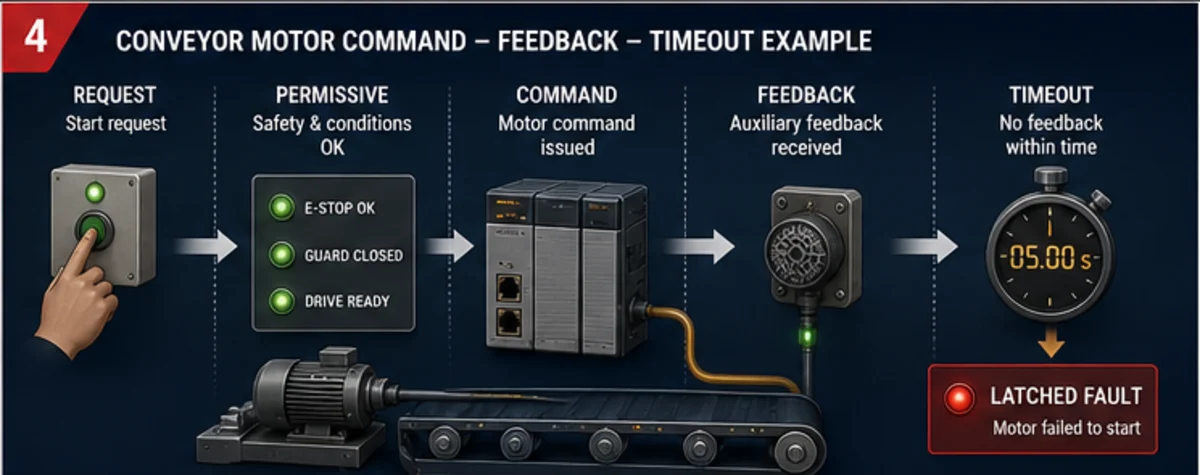 Conveyor motor control evidence chain from request and permissive through command, independent auxiliary feedback, timeout and latched fault