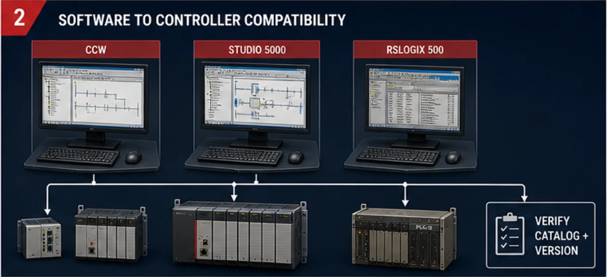 Allen-Bradley controller and software compatibility map separating CCW, Studio 5000 and RSLogix 500 with a verify catalog and version gate