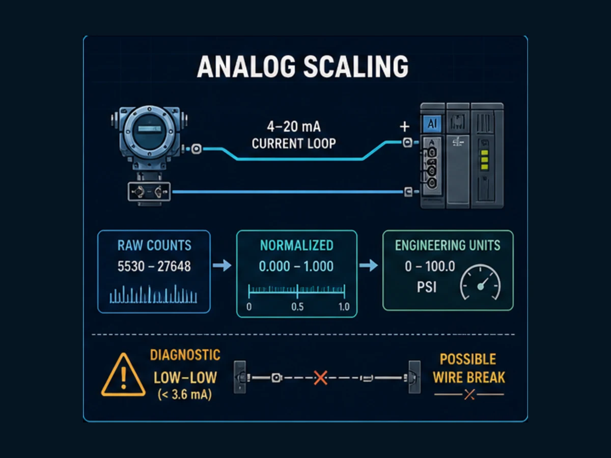 Industrial analog scaling path from a 4 to 20 milliamp current loop through raw counts and normalized value to engineering units, including wire-break diagnosis
