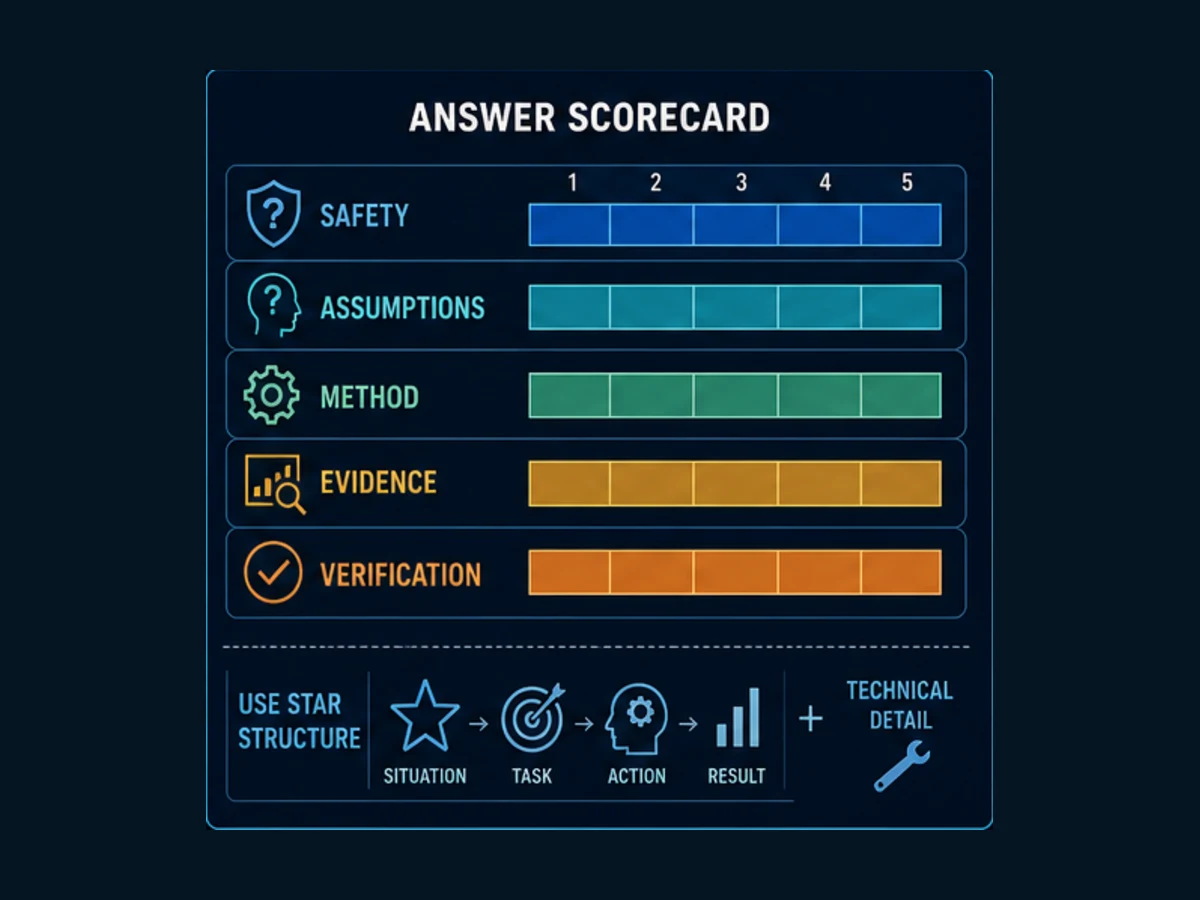 Industrial automation interview answer scorecard covering safety, assumptions, method, evidence and verification alongside a STAR structure