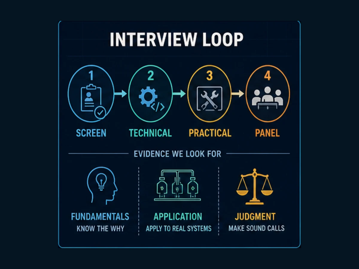 Four-stage industrial automation interview loop from screening through technical and practical rounds to a panel, with fundamentals, application and judgment as scoring dimensions