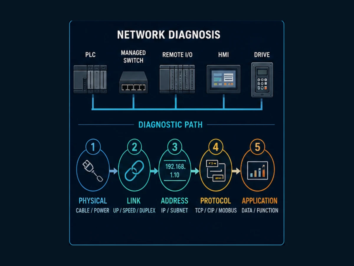 Industrial network diagnosis path from physical layer and link state through addressing and protocol to application data across PLC, switch, remote I O, HMI and drive