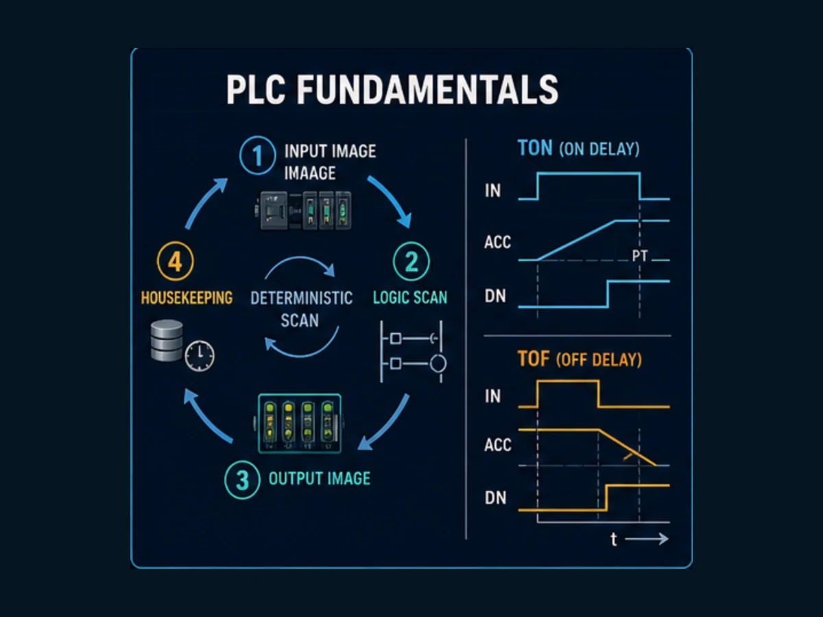 PLC fundamentals study diagram showing a simple input, logic, output and housekeeping scan model with TON and TOF timing traces