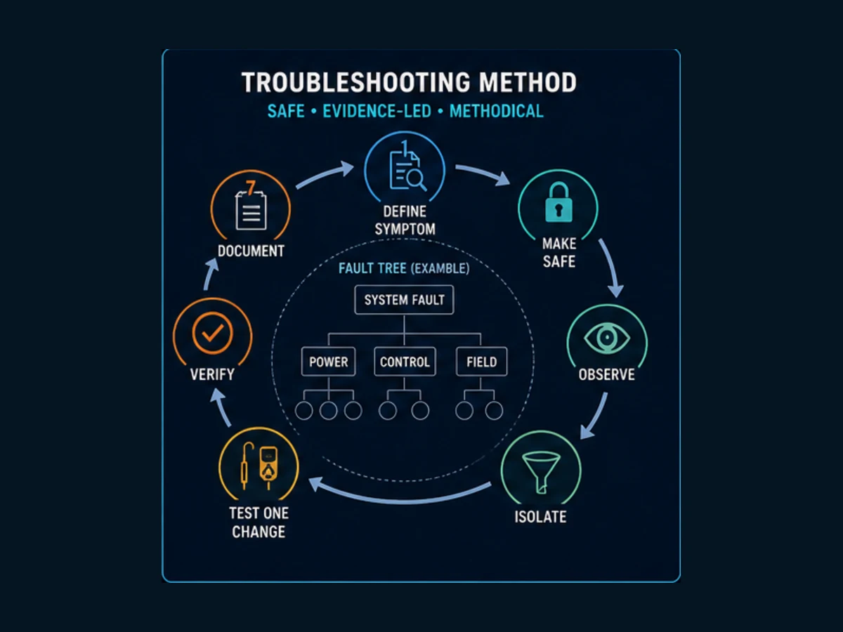 Safe industrial automation troubleshooting loop that defines the symptom, makes the system safe, observes, isolates, tests one change, verifies and documents