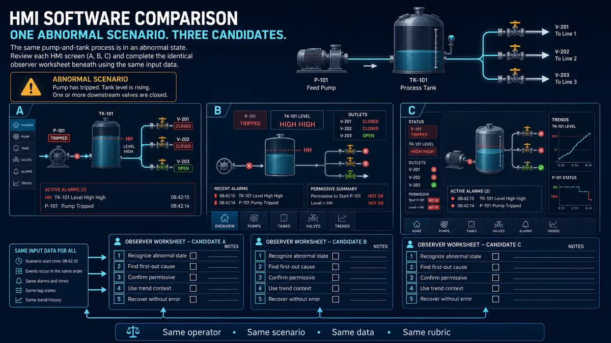 Three HMI software candidates showing the same abnormal pump and tank scenario with identical operator evidence worksheets