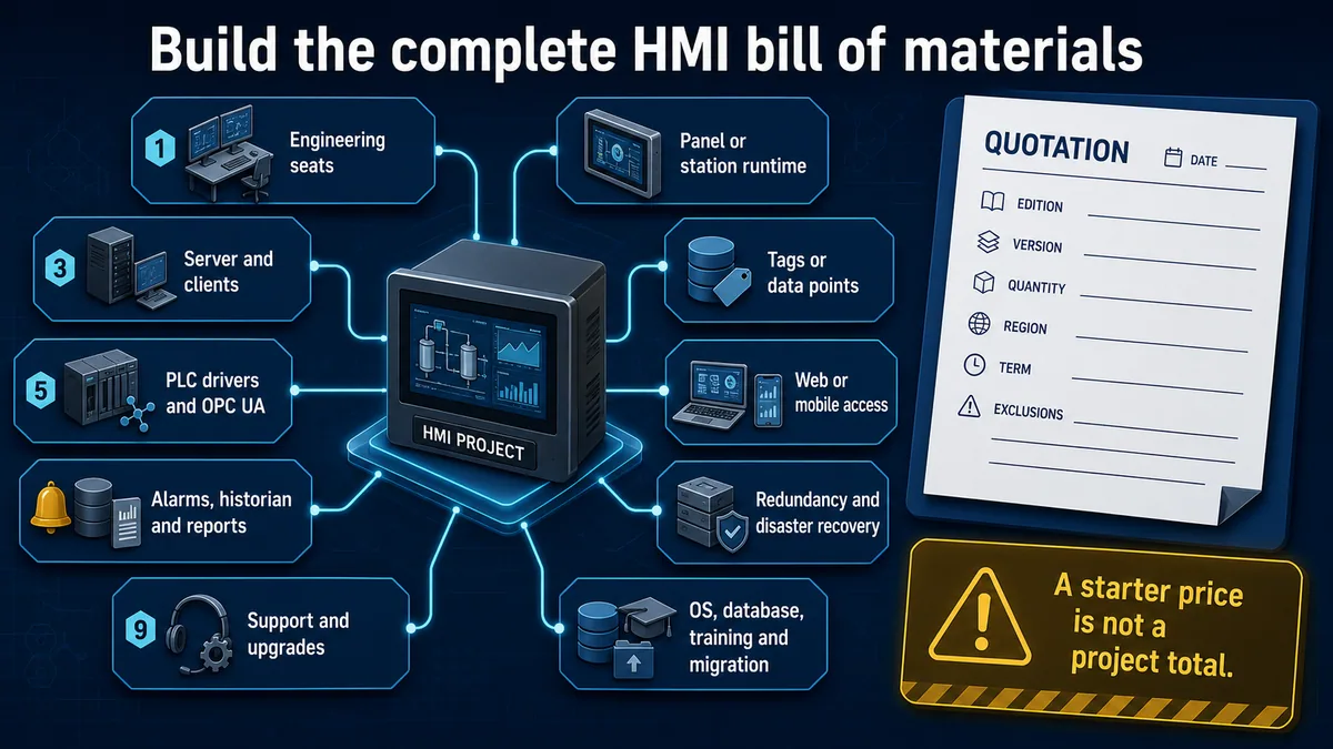Complete HMI bill of materials covering engineering runtime clients tags drivers web access historian redundancy support infrastructure and migration