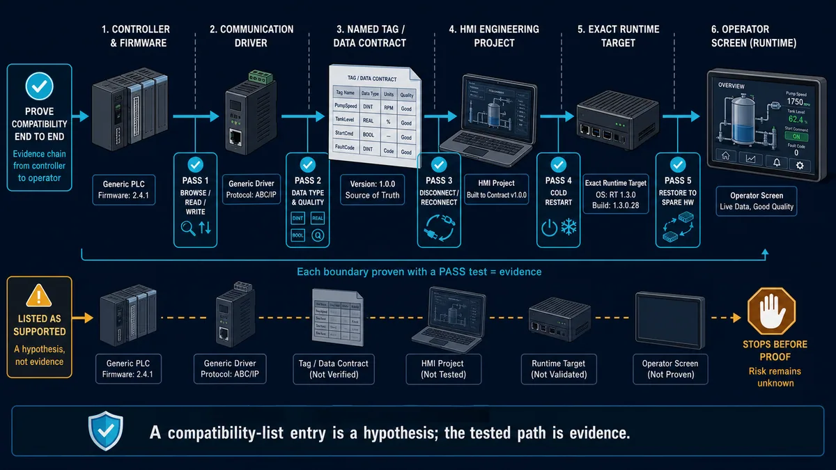 End-to-end HMI compatibility evidence chain from exact PLC firmware through driver tag contract engineering project runtime and operator screen