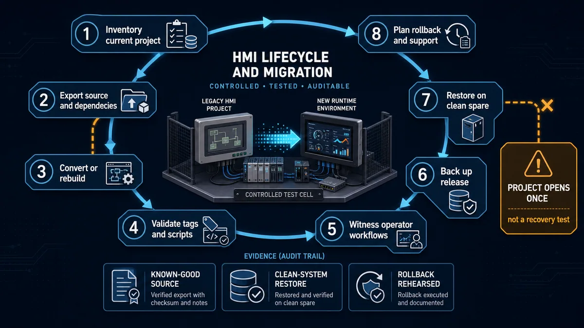 Controlled HMI lifecycle from source inventory through migration validation witnessed workflows backup clean restore rollback and support