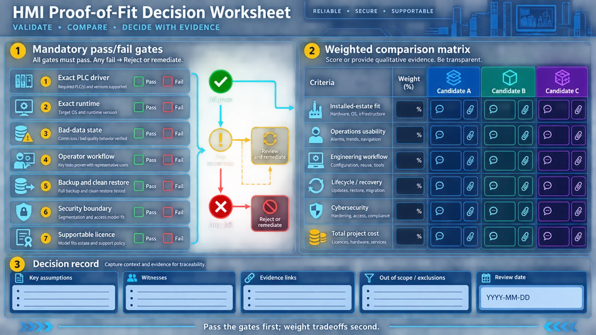 HMI proof-of-fit worksheet with mandatory pass fail gates transparent weighted tradeoffs and a traceable decision record