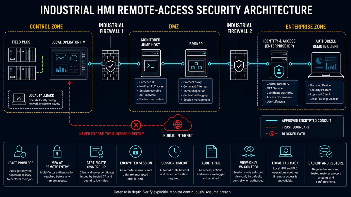 Industrial HMI remote access architecture with control zone firewalls DMZ monitored jump host enterprise identity and a blocked direct internet path