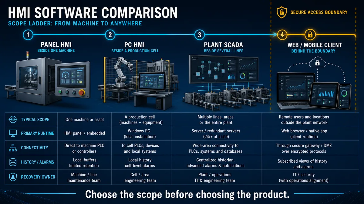HMI runtime scope ladder comparing one-machine panel HMI production-cell PC HMI plant SCADA and secured web or mobile clients
