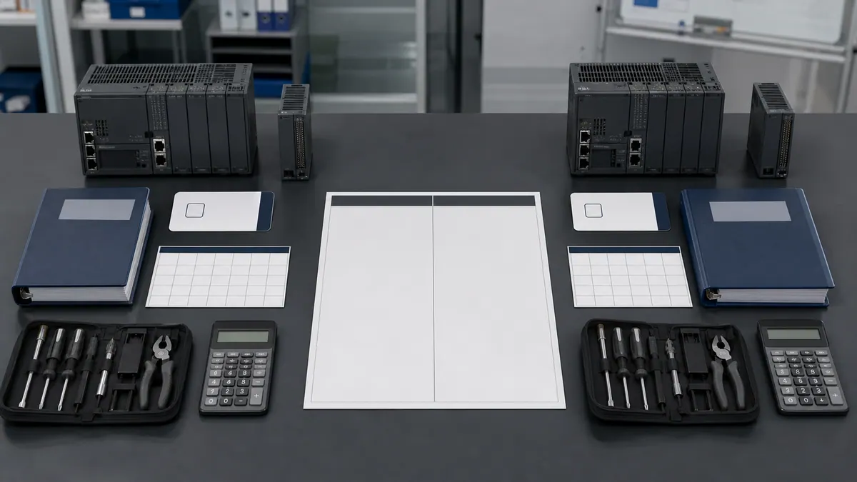 Matched lifecycle-cost evidence sets for two unbranded PLC platforms, including controllers, spares, software entitlement, support calendar, training binder, tools, and comparison worksheet.