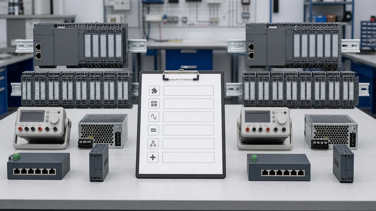 Two unbranded modular PLC alternatives arranged with matched I/O, signal simulation, power, networking, and spare hardware for a like-for-like bill-of-materials comparison.