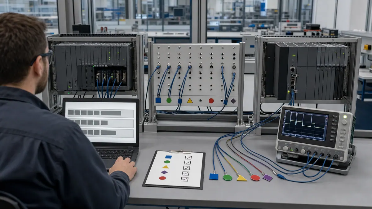 PLC migration pilot bench comparing source and target controller behavior through an isolated I/O simulator, waveform instrument, and checked test cases.