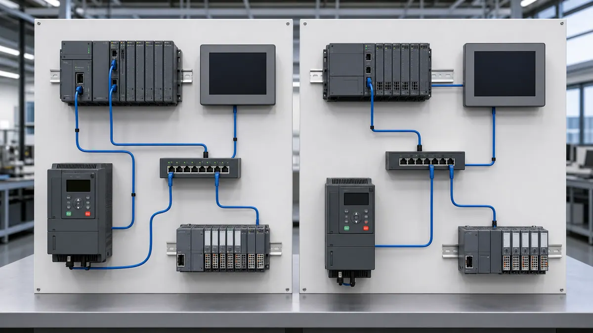 Side-by-side unbranded PLC network test boards with matched controller, HMI, drive, remote I/O, switch, and industrial Ethernet connections.