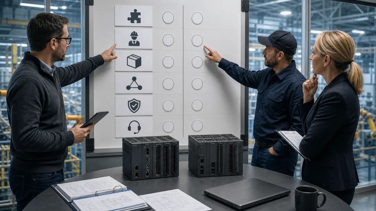Controls engineer, maintenance technician, and production manager scoring two unbranded PLC candidates against compatibility, skills, spares, networking, safety, and support evidence.