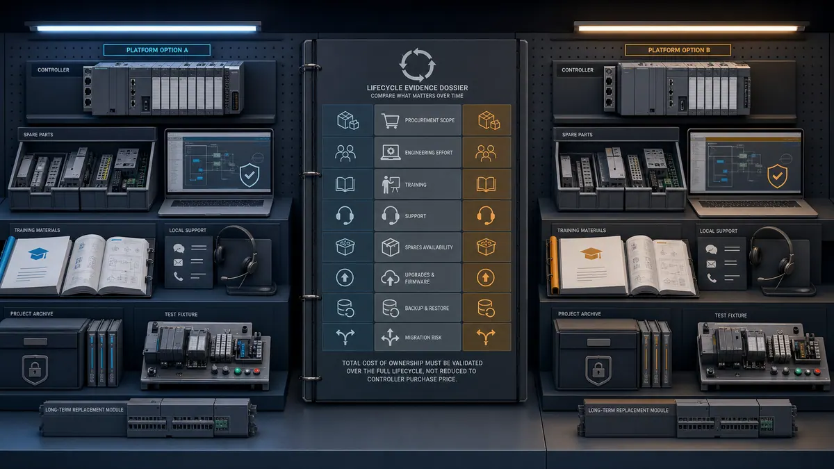 Matched PLC lifecycle evidence including hardware, spares, engineering entitlements, training, support, project archives, test fixtures, upgrades, and migration risk.