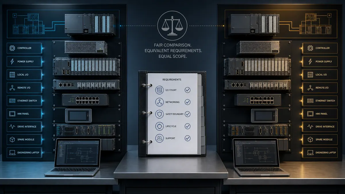 Two vendor-neutral PLC systems laid out as matched bills of material with equivalent controllers, I/O, networking, HMI, drive interfaces, spares, and engineering tools.