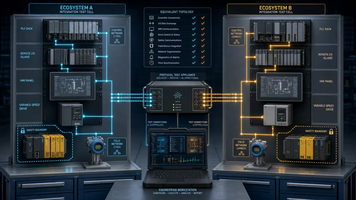 Equivalent PLC network test cells linking controllers, remote I/O, HMI, drives, safety devices, and third-party instruments through a neutral protocol test appliance.