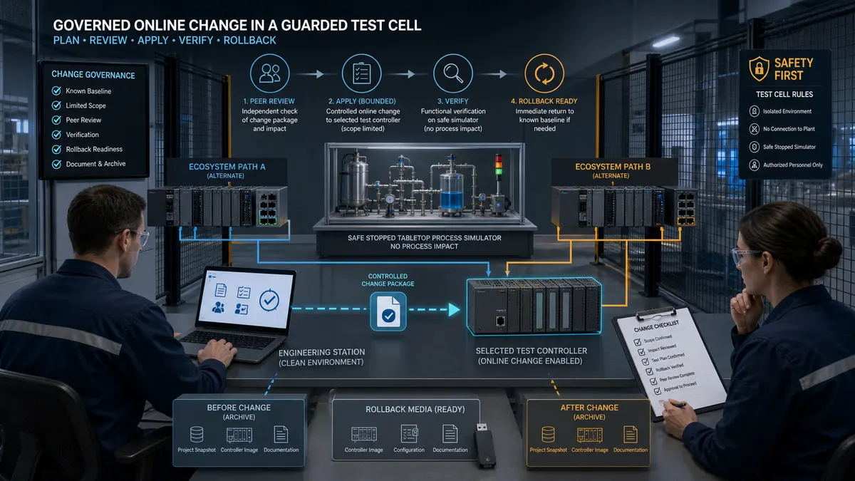 Two engineers reviewing a bounded PLC online change in an isolated stopped test cell with known baselines, verification steps, and rollback media ready.