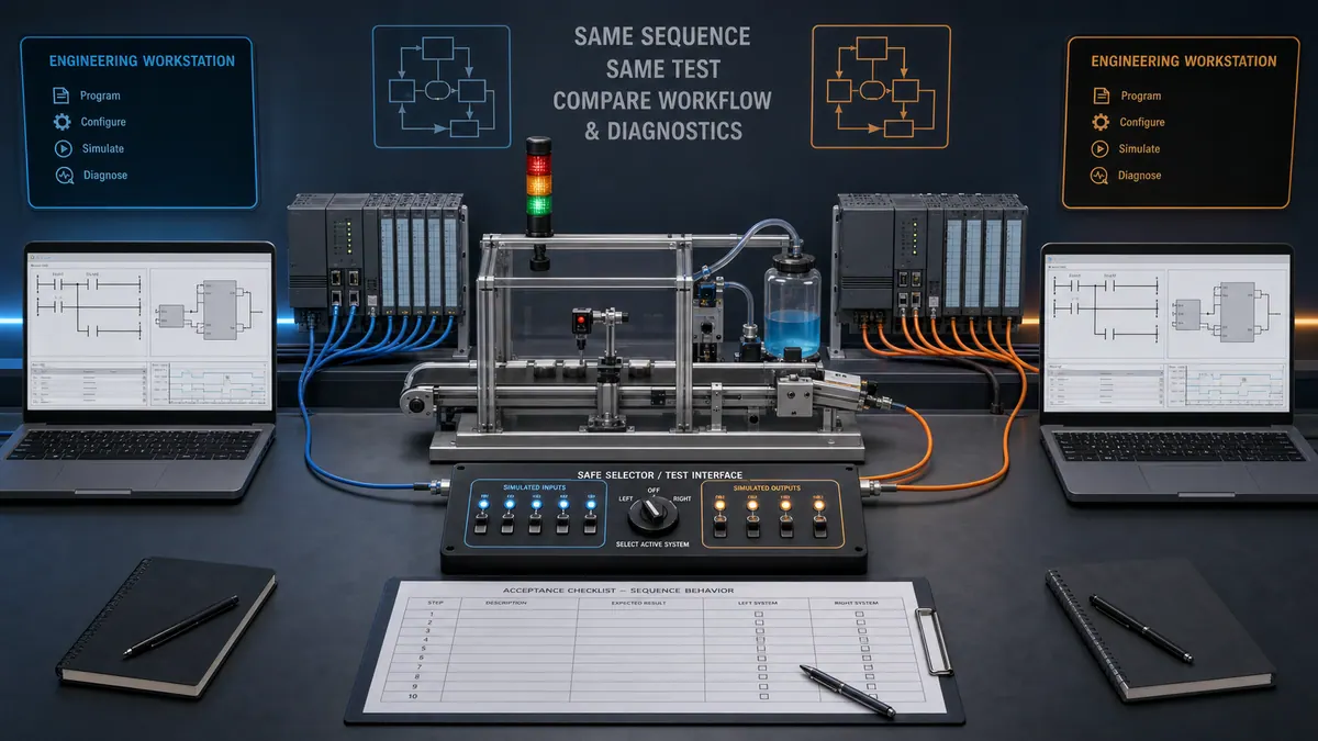 Two generic PLC engineering environments implementing the same guarded conveyor and pump sequence with identical simulated inputs and shared acceptance criteria.
