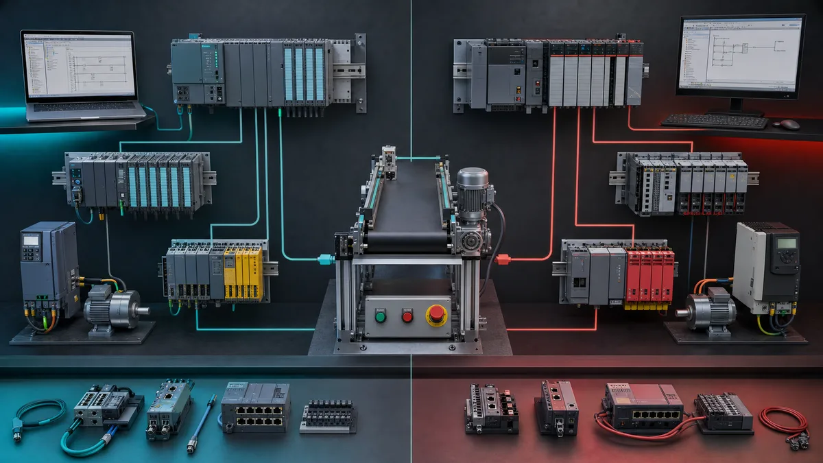 Two neutral modular PLC ecosystems compared with engineering workstations, remote I/O, safety modules and drives controlling the same conveyor training cell.