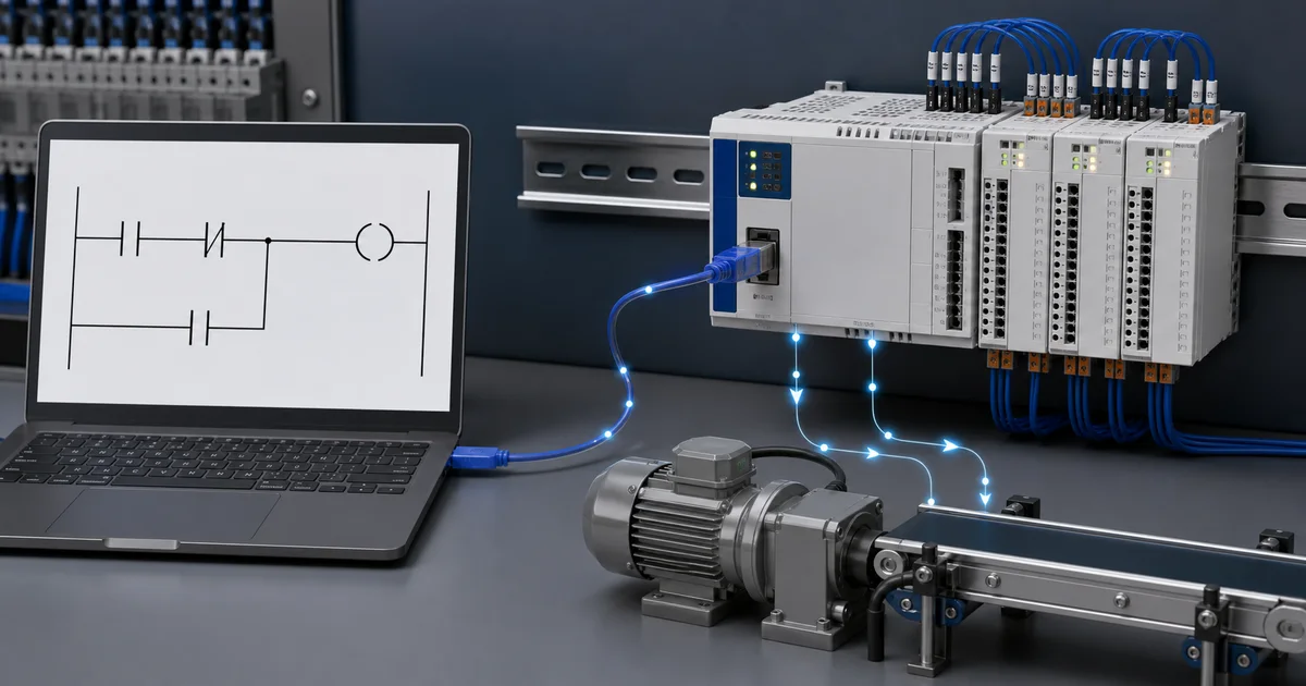 Editorial illustration of a laptop programming a compact Delta DVP-class PLC that controls a conveyor motor.