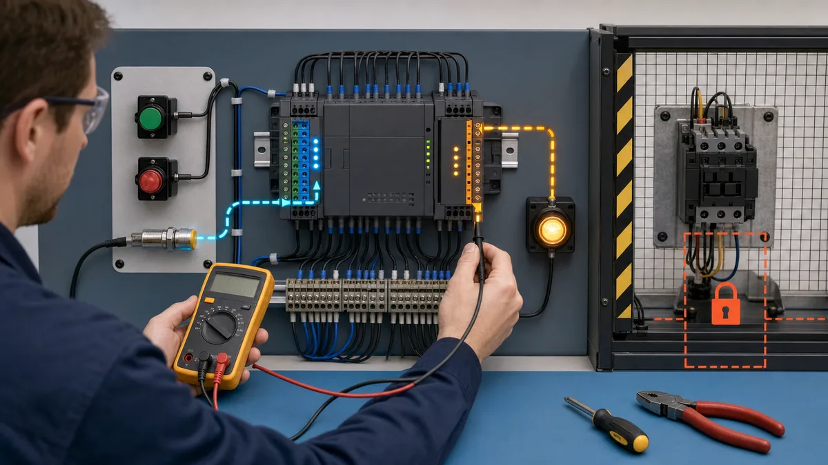 Safe low-energy PLC I/O checkout tracing a pushbutton and proximity sensor through terminals and channel states to an isolated indicator lamp.