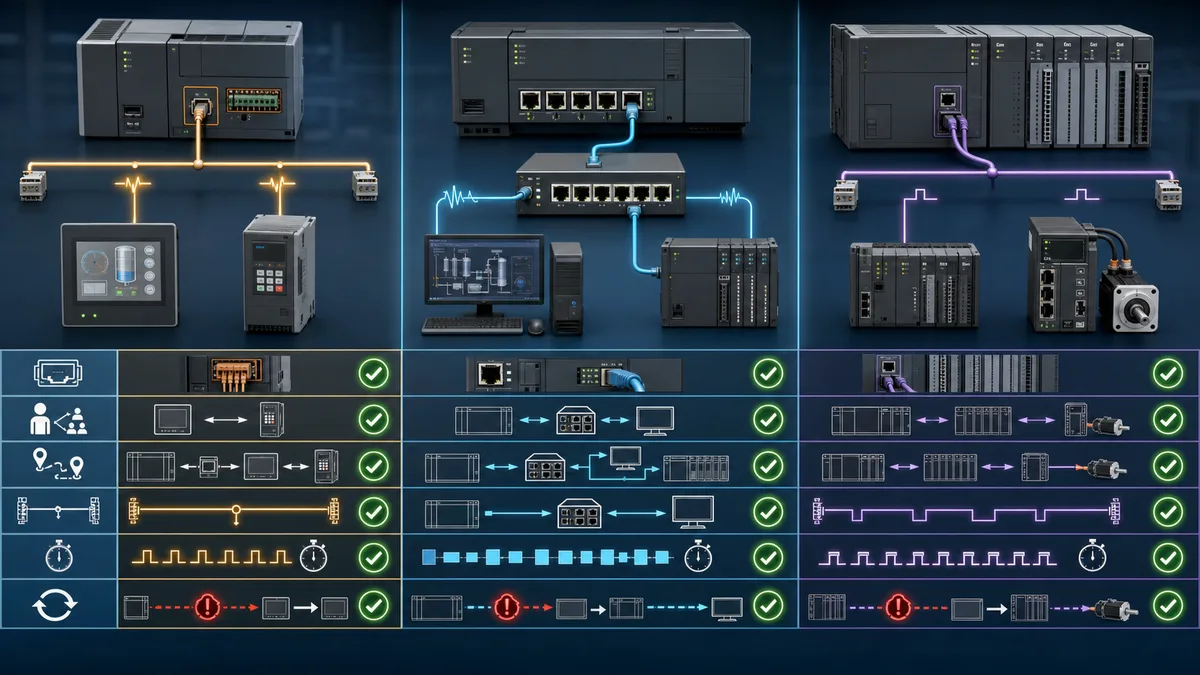 Three model-specific PLC communication test lanes for isolated serial devices, switched Ethernet clients and modular motion or distributed-I/O networks.