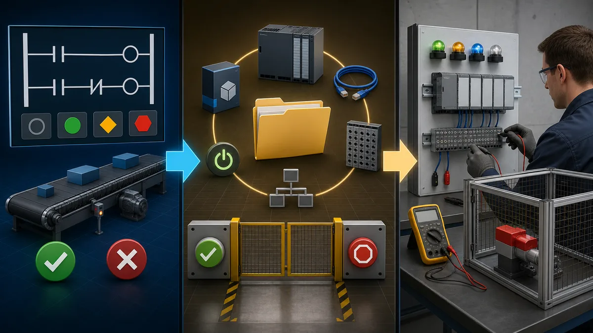 Three-stage handoff from simulated ladder and conveyor tests through reviewed project evidence to a guarded de-energized PLC hardware checkout.