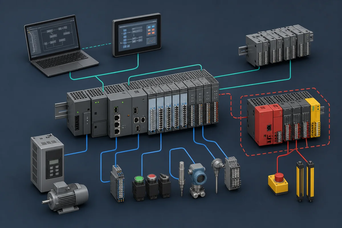 Generic AC500-class modular PLC architecture with CPU, local and remote I/O, separated safety control, drive, HMI, and engineering workstation