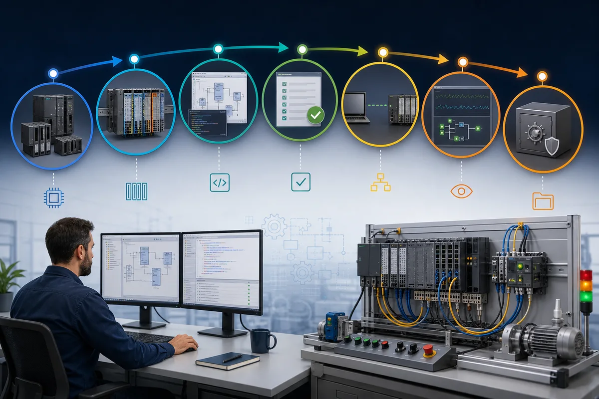 ABB Automation Builder project workflow from hardware selection and I/O configuration through IEC programming, checks, online monitoring, and versioned backup