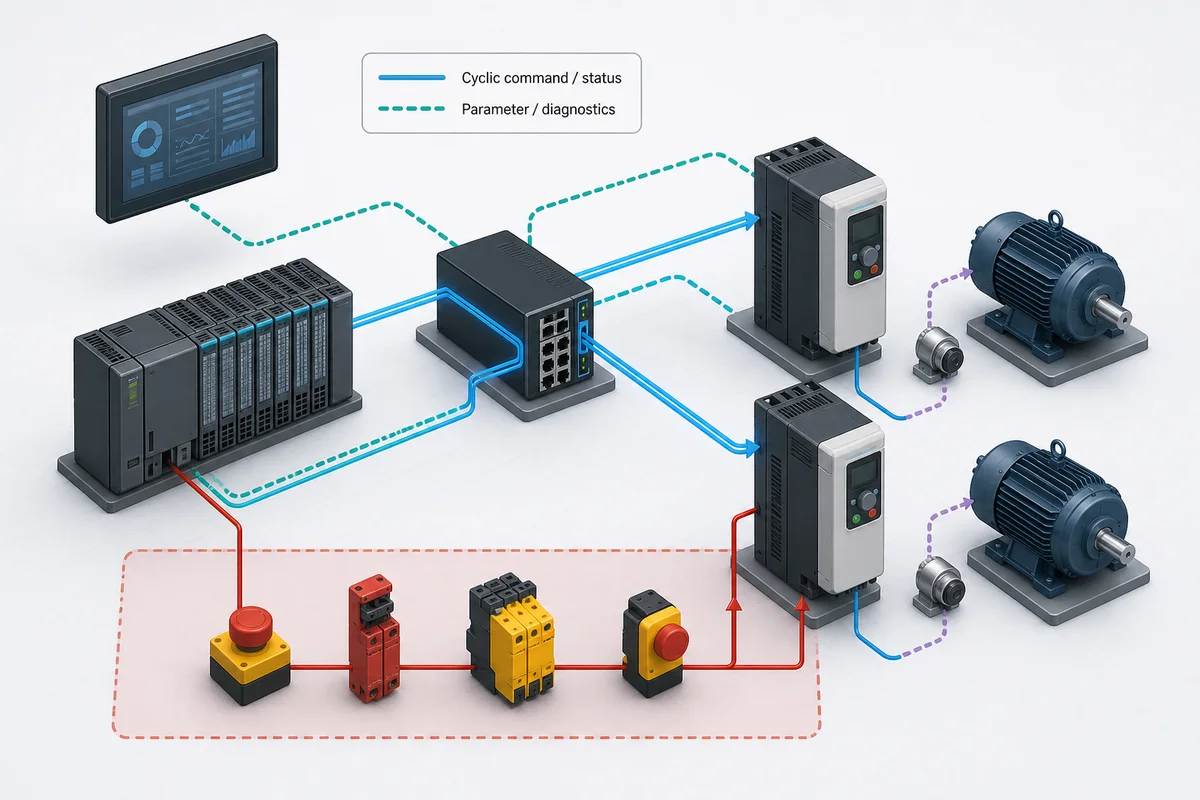 Generic PLC and variable-speed drive integration with cyclic command and status data, diagnostics, motor feedback, HMI, and a separate safe-stop boundary