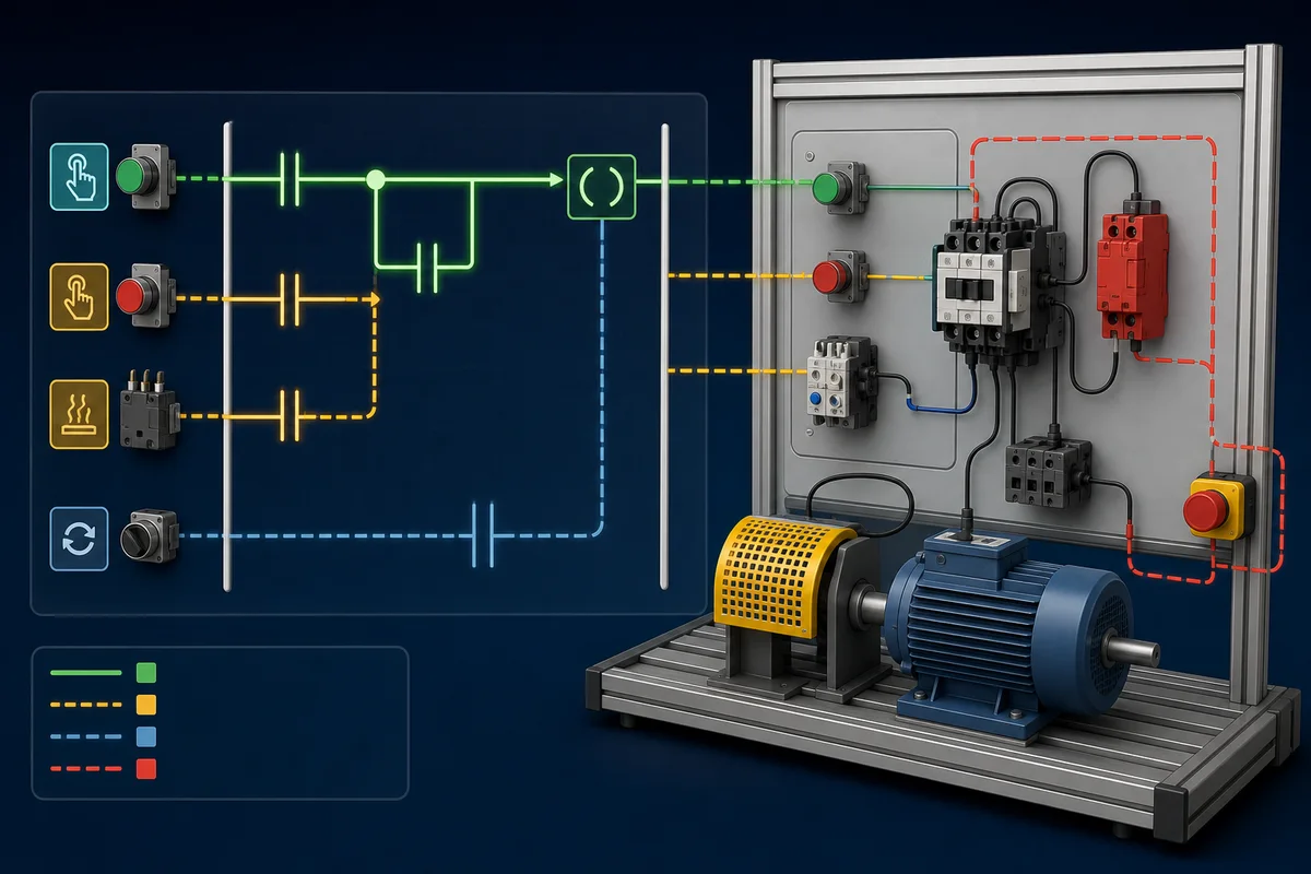 Motor-control training concept linking start, stop, overload, seal-in command, contactor output, and feedback while keeping safety control separate