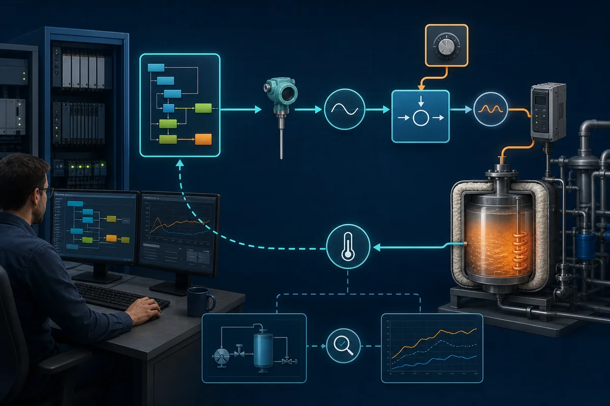 Structured Text temperature-control loop connecting sensor scaling, setpoint, PID calculation, actuator output, process response, and feedback