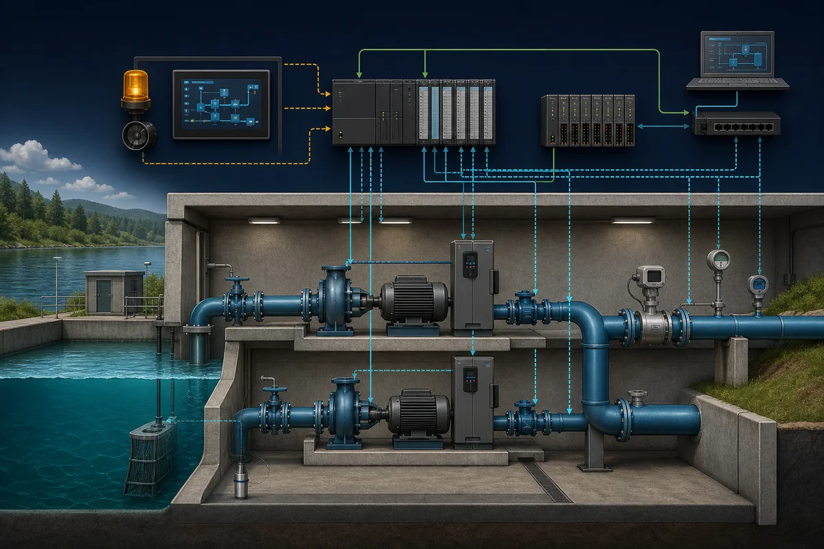 Municipal water pump station control architecture with duty and standby pumps, level and pressure sensors, flow meter, PLC, drives, HMI, remote I/O, and supervisory link