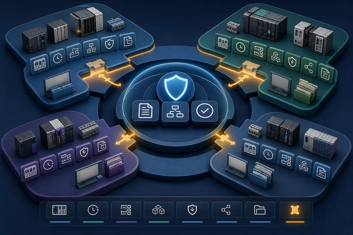 Shared IEC control requirements and acceptance tests surrounded by platform-specific hardware, tasks, addresses, libraries, safety, communications, and project formats
