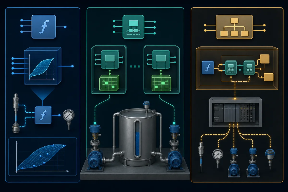 IEC POU model distinguishing a stateless function, separate stateful function-block instances, and a top-level program coordinating a tank and pump process