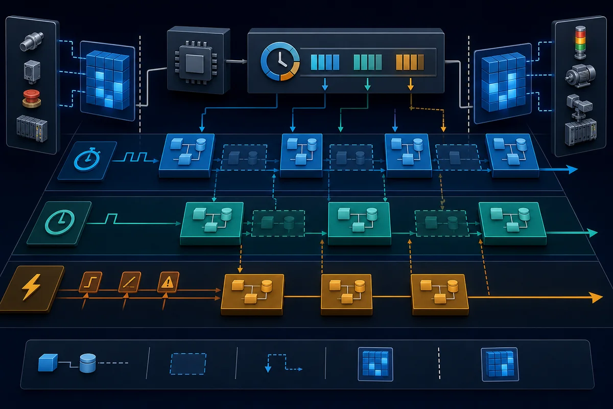 PLC resource scheduling fast and normal periodic tasks plus an event-triggered task, each invoking assigned programs and function-block instances