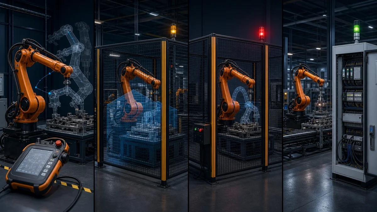 Industrial robot cell workflow showing safe setup, taught positions, automatic sequence execution and recovery stages