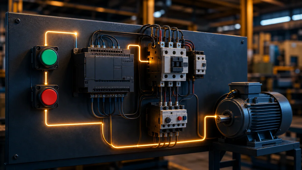 Stop-dominant ladder-logic seal-in circuit with start request, stop condition, motor run state and overload permissive.
