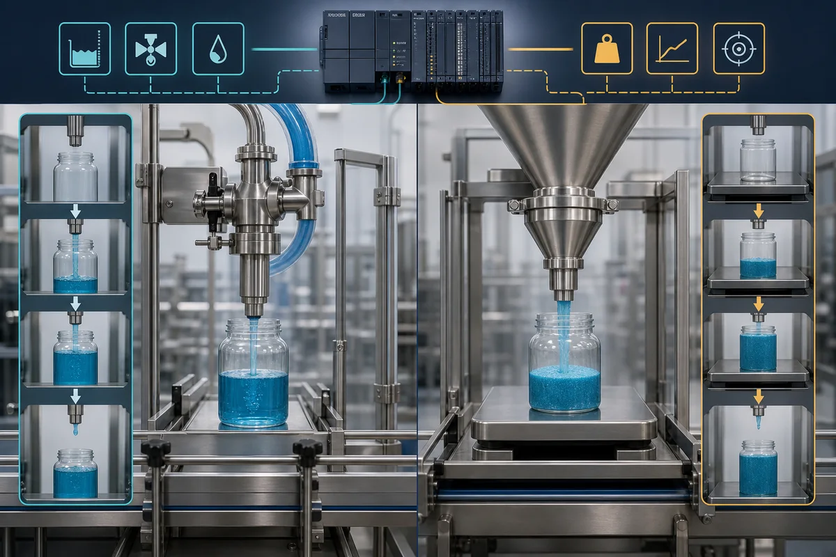 Beverage filling control methods comparing timed, flowmeter and load cell feedback on an automated bottling line