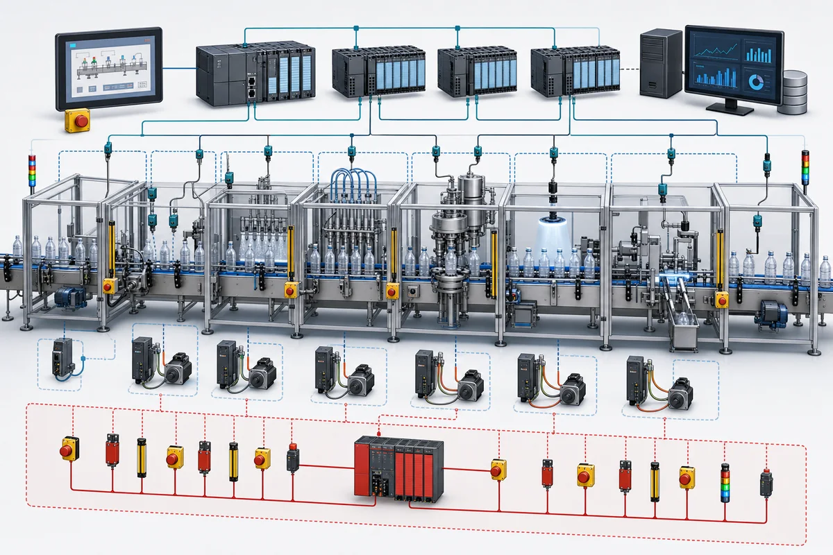 Bottling line control architecture connecting conveyors, filler, capper, labeler, inspection, PLC, HMI and safety system