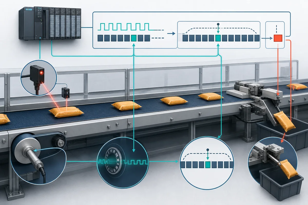 Bottle tracking through filler, capper, labeler and inspection stations using sensors and a PLC shift register