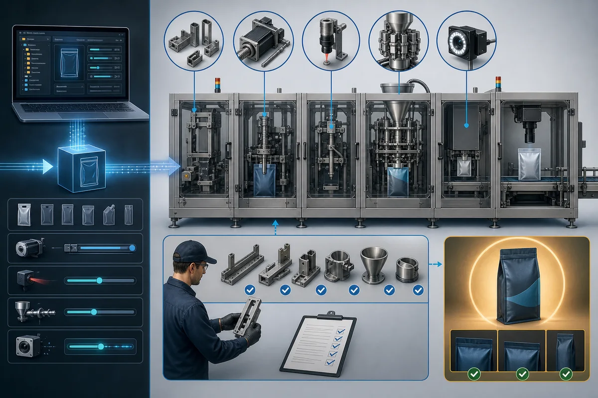 Bottling line recipe changeover with controlled setpoints, format verification and first article approval
