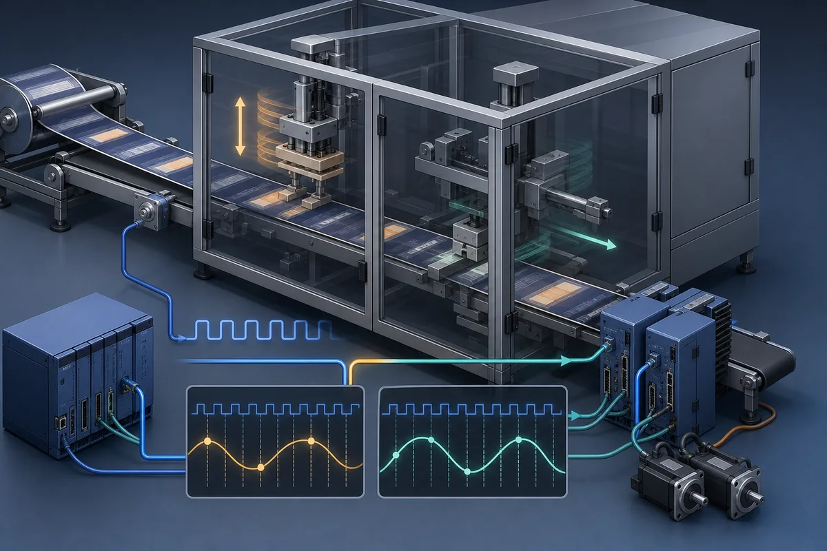 Servo synchronized bottling line showing conveyor position, label registration and capper timing references