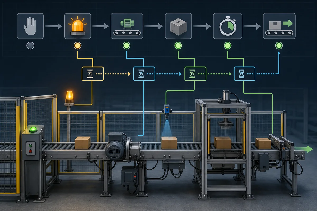 Three-zone conveyor sequence showing downstream-first startup, upstream-first stop and individual transfer proof timers between photoeyes.